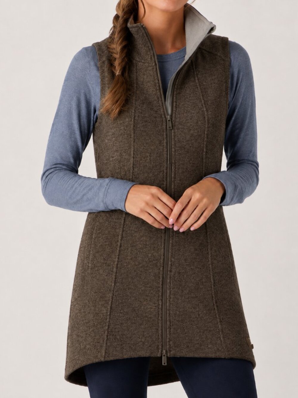 Toad&Co Arriva Long Vest Wool Blend Falcon Brown Two-Way Zip Women’s XS